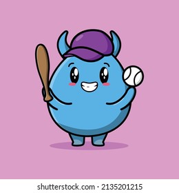 Cute cartoon goblin monster character playing baseball in modern style design 