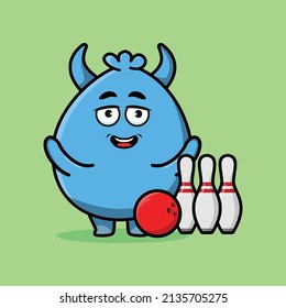 Cute cartoon goblin monster character playing bowling in 3d modern style design