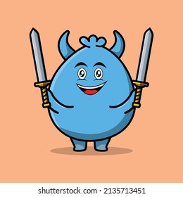 Cute cartoon Goblin monster character holding two sword in 3d modern design