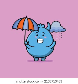 Cute cartoon goblin monster character in the rain and using an umbrella in 3d modern style design