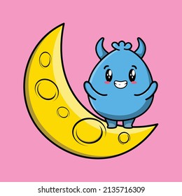 Cute cartoon Goblin monster character standing on the crescent moon in 3d modern design