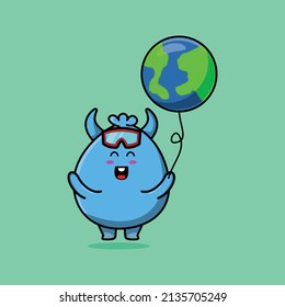 Cute cartoon goblin monster floating with goblin monster world balloon cartoon vector illustration