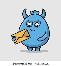 Cute cartoon goblin monster holding envelope with cartoon vector illustration style