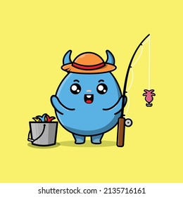 Cute cartoon goblin monster ready fishing wearing fishing equipment cartoon character