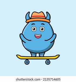 cute cartoon goblin monster standing on skateboard with cartoon vector illustration style