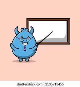 Cute cartoon goblin monster teacher character with big whiteboard in 3d cartoon style concept