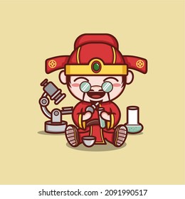 cute cartoon god caishen in Chinese New Year become research scientist. vector illustration for mascot logo or sticker
