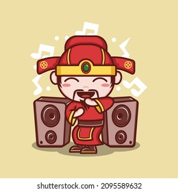 cute cartoon god caishen in chinese new year, dancing. vector illustration for mascot logo or sticker