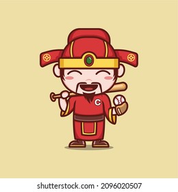 cute cartoon god caishen in chinese new year, become a baseball player. vector illustration for mascot logo or sticker