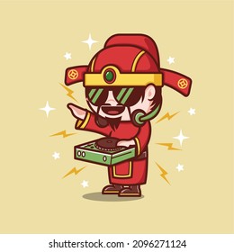 cute cartoon god caishen in chinese new year, become a dj. vector illustration for mascot logo or sticker