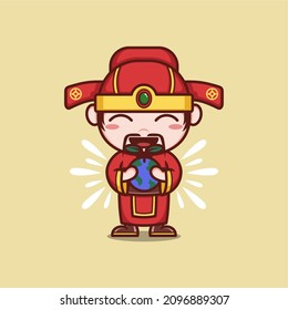 cute cartoon god caishen in Chinese New Year, cares about the preservation of the earth. vector illustration for mascot logo or sticker