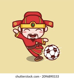 cute cartoon god caishen in chinese new year playing soccer. vector illustration for mascot logo or sticker