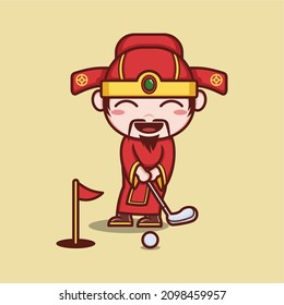 cute cartoon god caishen in the chinese new year, bringing golfing. vector illustration for mascot logo or sticker