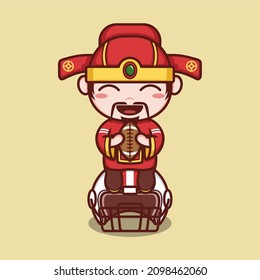 cute cartoon god caishen in chinese new year, bring to play rugby. vector illustration for mascot logo or sticker