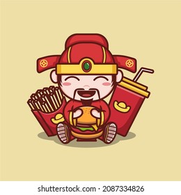 cute cartoon god caishen on chinese new year with burger , vector illustration for mascot logo or sticker