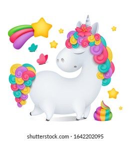 Cute cartoon going unicorn character Rainbow poop. Vector illustration