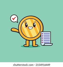 Cute cartoon gold coin character holding checklist note in concept 3d cartoon style