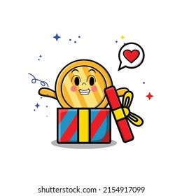 Cute cartoon gold coin character coming out from big gift box look so happy in concept 3d cartoon