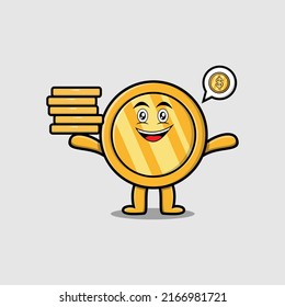 Cute cartoon Gold coin character holding in stacked gold coin vector illustration