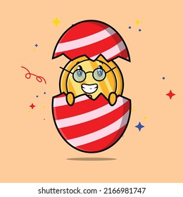 Cute cartoon gold coin character coming out from easter egg look so happy in illustration cartoon