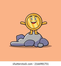 Cute cartoon Gold coin character standing in stone vector illustration in concept flat cartoon style