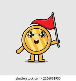 Cute cartoon Gold coin character holding triangle flag in 3d modern design for t-shirt, sticker