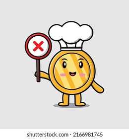 cute cartoon gold coin chef holding wrong sign in vector fruit character illustration