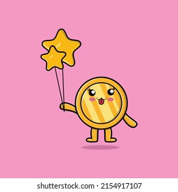 Cute cartoon gold coin floating with star balloon cartoon vector illustration  