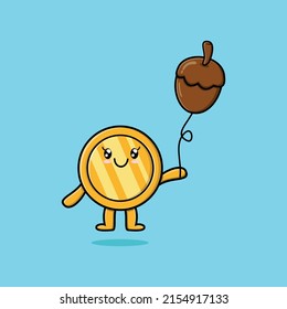 Cute cartoon gold coin floating with acorn balloon cartoon vector illustration