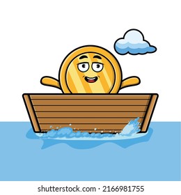 cute cartoon gold coin get on boat in vector character illustration