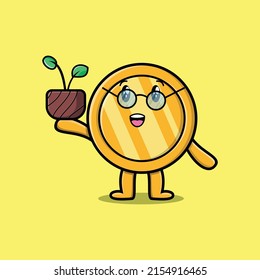 Cute cartoon gold coin holding plant in a pot 3d modern style design