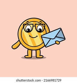 Cute cartoon gold coin holding envelope with cartoon vector illustration style