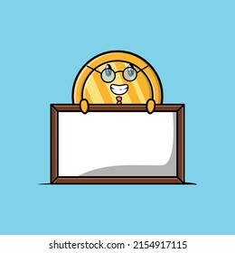 Cute cartoon gold coin teacher character with big whiteboard in 3d cartoon style concept