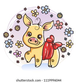 Cute cartoon golden baby pig on a flower background. Vector illustration