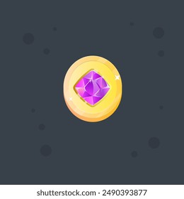 Cute Cartoon Golden Coin With Purple Gem Icon Isolated Vector Design