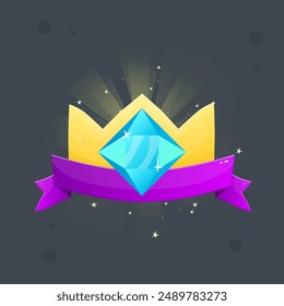 Cute Cartoon Golden Crown Badge Award Ribbon Gem Kingdom Princess Icon Isolated Vector Design