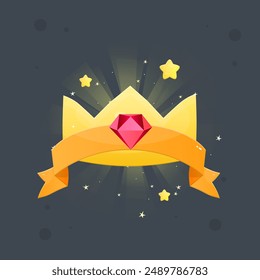 Lindo Dibujo Animado Corona de Oro Insignia Premio Cinta Naranja Gema Roja Reino Princesa Icono Aislado Diseño de Vector