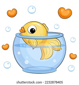 Cute cartoon Golden fish in a round aquarium. Vector illustration of an animal with hearts and bubbles on a white background.