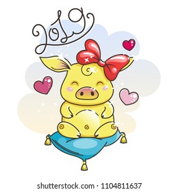 Cute cartoon golden pig in love. Symbol of New 2019 Year. Chinese horoscope