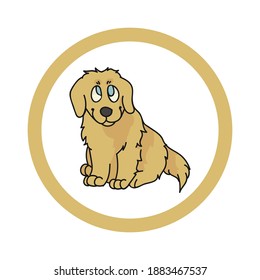 Cute cartoon Golden Retriever in dotty circle puppy vector clipart. Pedigree kennel doggie breed for kennel club. Purebred domestic dog training for pet parlor. Illustration mascot. Isolated canine. 