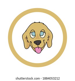 Cute cartoon Golden Retriever face in circle puppy vector clipart. Pedigree kennel doggie breed for kennel club. Purebred domestic dog training for pet parlor. Illustration mascot. Isolated canine. 