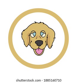 Cute cartoon Golden Retriever face in circle dog vector clipart. Pedigree kennel doggie breed for kennel club. Purebred domestic dog training for pet parlor. Illustration mascot. Isolated canine. 