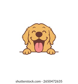 Cute cartoon golden retriever with a happy face, eyes closed, mouth open and tongue out, vector illustration