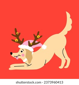 Cute cartoon golden retriever puppy with a pink hat and reindeer horns. Hand drawn vector illustration. Funny Christmas dog character card template.