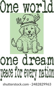 Cute cartoon golden retriever puppy with a hat and reindeer horns (One world, one dream peace for every nation) funny cartoon art for print on demand (t shirt design).