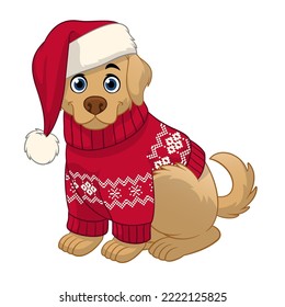 Cute Cartoon Golden Retriever Wearing Ugly Sweater of Christmas