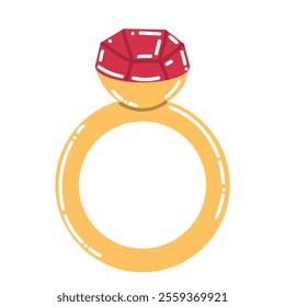 Cute cartoon golden ring with ruby gemstone in flat style. Engagement ring.