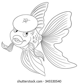 cute cartoon goldfish in a beret, vector illustration cartoon