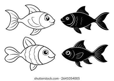 Cute Cartoon Goldfish Silhouettes and Line Art for Coloring and Design. 