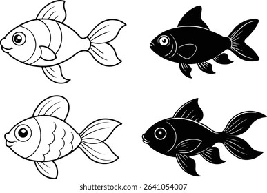 Cute Cartoon Goldfish Silhouettes and Line Art for Coloring and Design. 